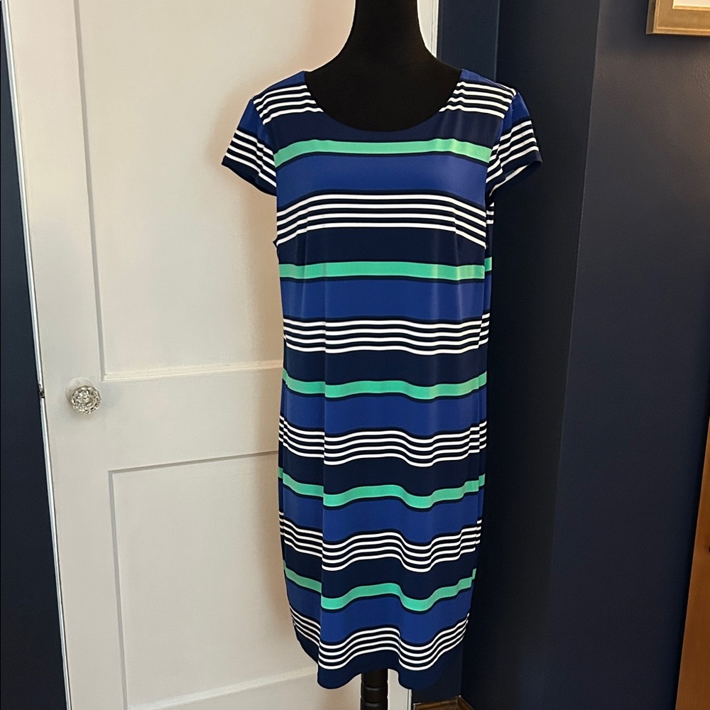 Striped Short-Sleeve Shift Dress in Blue and Green